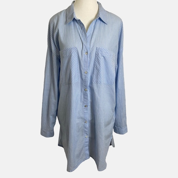 b.young Womens Blue White Stripe Light Cotton Long Boyfriend Summer Shirt- M/L - Picture 1 of 16